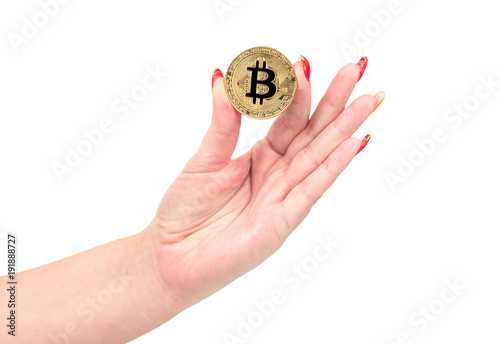 Gold coin bitcoin in hand