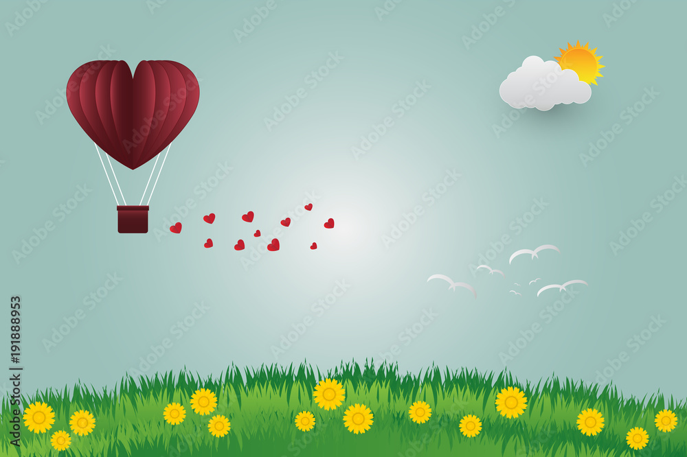 Valentine's day balloons in a heart shaped flying over grass view background, paper art style.