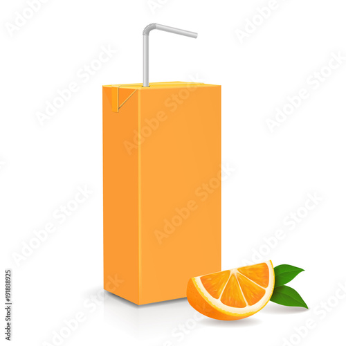 Fresh ripe orange and Juice carton package with tube. Vector illustration