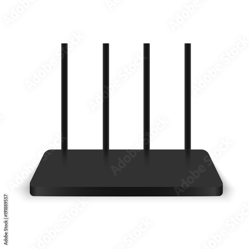Realistic black wireless router with antenna. Vector