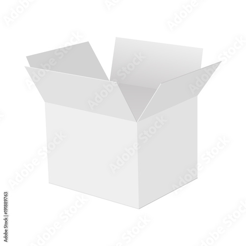 Blank of white opened cardboard box . Perspective view. Mock up box. Vector