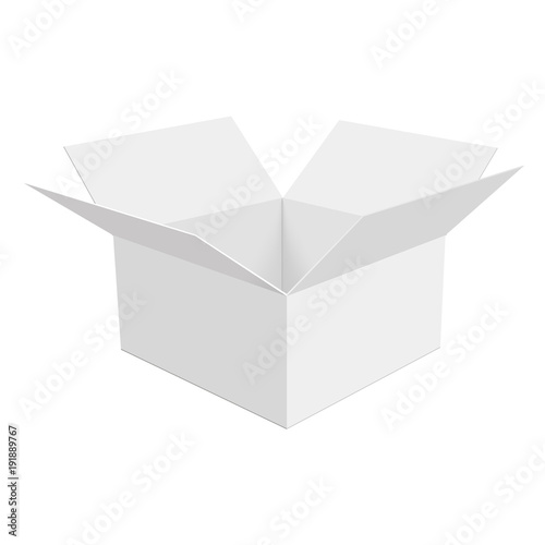 Blank of white opened cardboard box . Perspective view. Mock up box. Vector