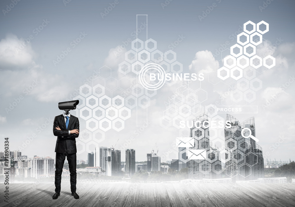 Concept of security and privacy protection with camera headed ma Concept of security and privacy protection with camera headed ma