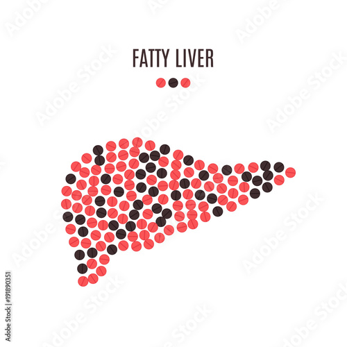 Fatty liver disease awareness poster with liver made of red and black pills on white background. Medical solidarity concept. Human body organ anatomy icon. Vector illustration.