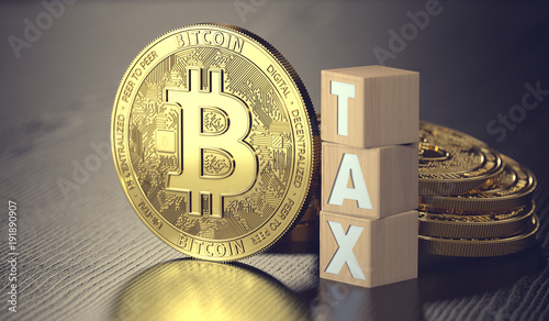 Bitcoin standing next to wooden blocks with TAX letters. Taxes on bitcoin investments concept. 3D rendering