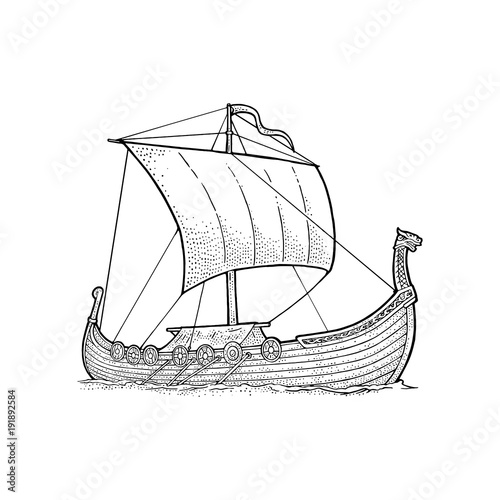 Drakkar floating on the sea waves.