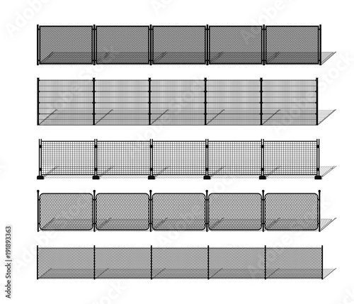 Various metal wire and chain-link fence silhouettes with shadows. Horizontally seamless modular metal mesh like fencing design elements. Vector pattern brushes with ending tiles included.