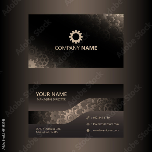 Dark brown business card template gears background, engineer and mechanical concept, visiting card vector illustration