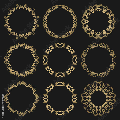 Set round openwork gold frames on black background.