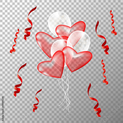 Hearts shape balloons and serpentine on a trasparent background