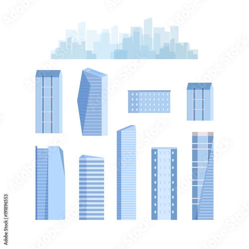City elements with skyscrapers, urban buildings. Vector. Isolated.
