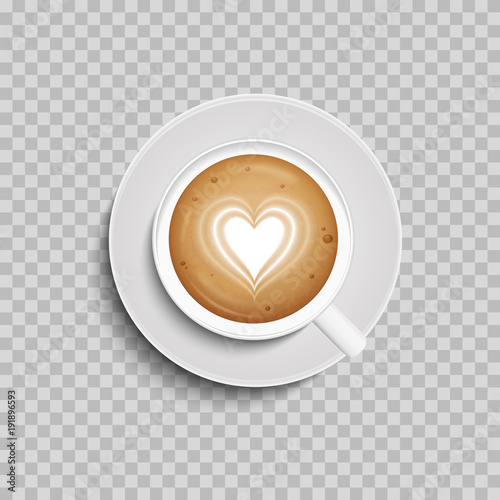 Coffee cup. Latte art heart shape. Vector. Isolated. Top view.