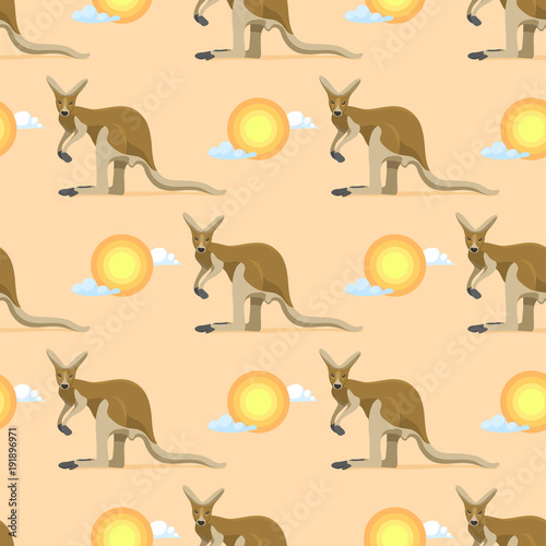 Australian animal kangaroo seamless pattern vector marsupial wallaby in Australia and textured animalistic background with sunrise on landscape or backdrop illustration wallpaper set