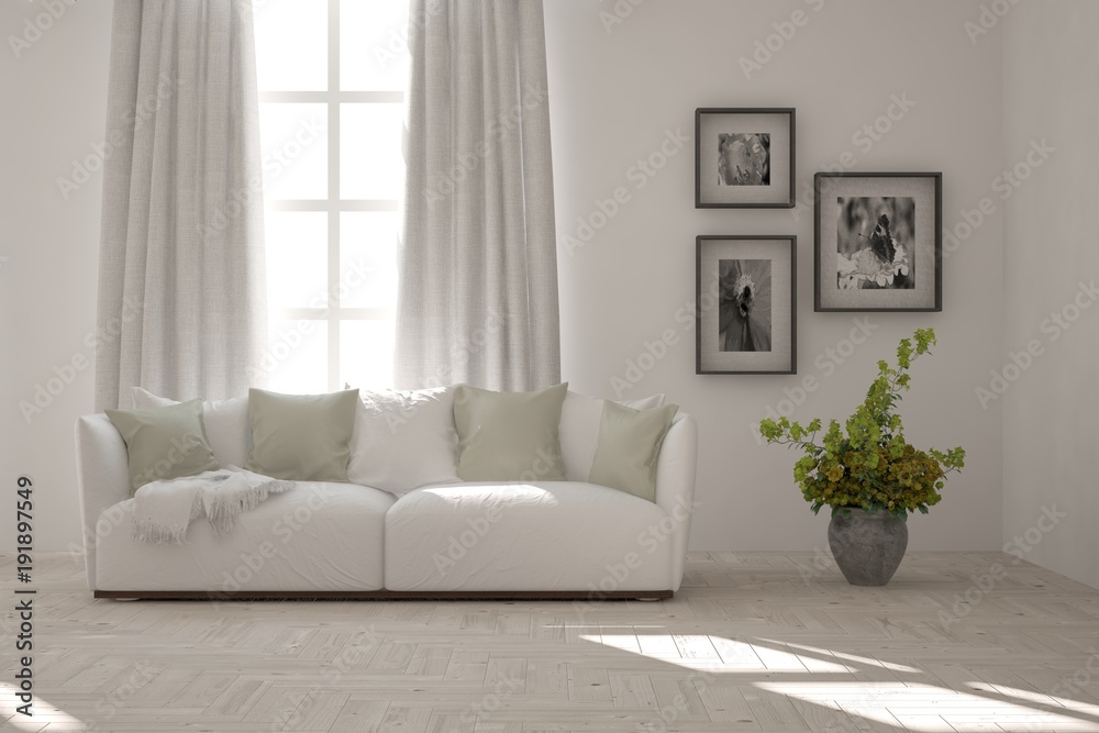 Idea of white minimalist room with sofa. Scandinavian interior design. 3D illustration Idea of white minimalist room with sofa. Scandinavian interior design. 3D illustration