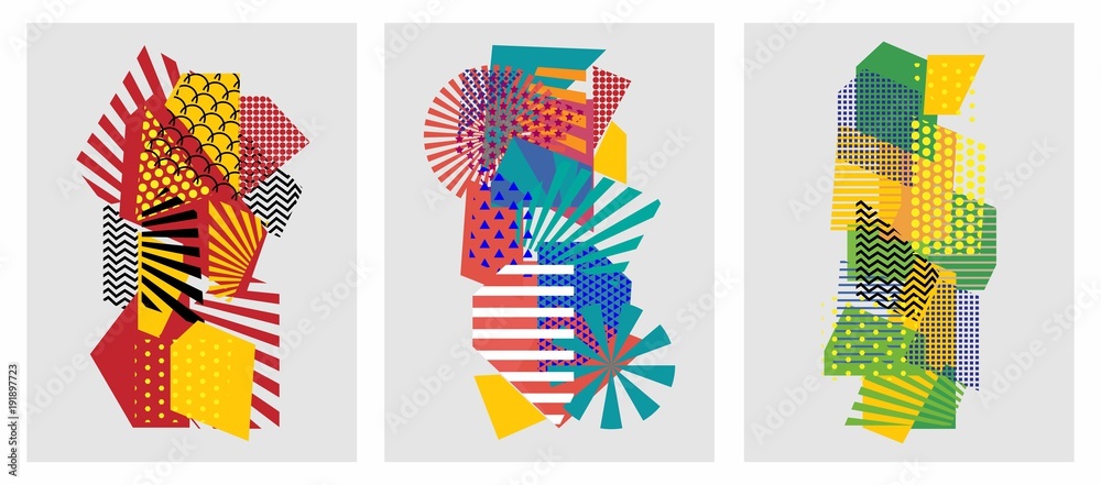 Fototapeta Kolorowi modni geometryczni płascy elementy deseniowy Memphis. Tekstura stylu pop-art. Nowoczesny abstrakcyjny wzór plakat i okładka szablonu