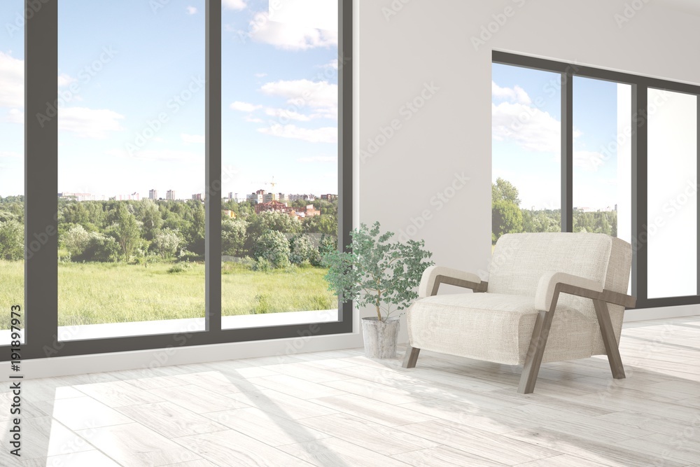 Idea of white room with armchair and summer landscape in window. Scandinavian interior design. 3D illustration Idea of white room with armchair and summer landscape in window. Scandinavian interior design. 3D illustration