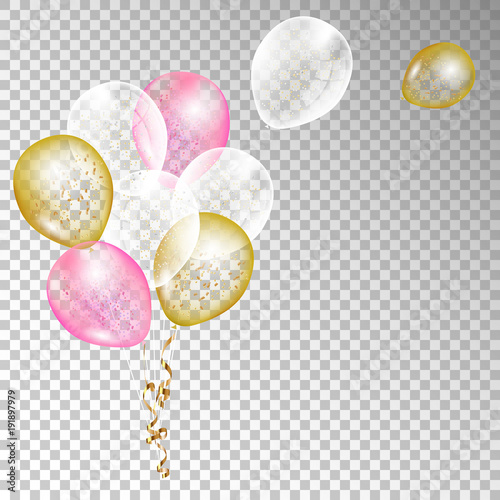 Vector golden, pink and white balloons with ribbons on a transparent background
