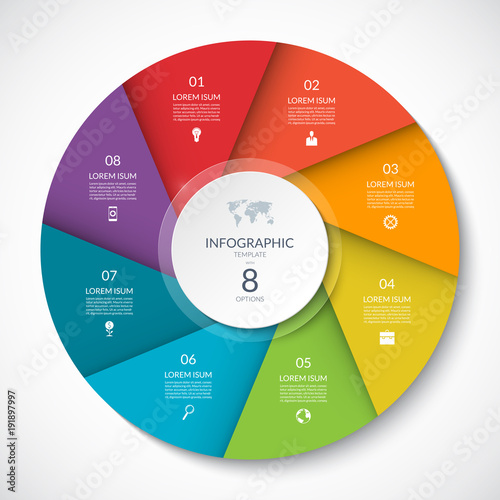 Circle chart for infographics. Vector diagram with 8 options. Can be used for graph, presentation, report, step options, web design.