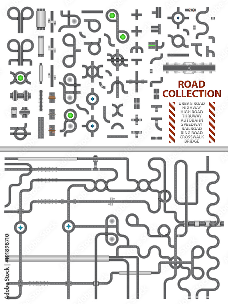 Mega collection of road junctions. Street road elements with bridge, crosswalk, ringroad, railroad, speedway, autobahn