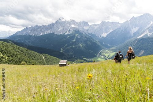 tourists descend to the valley from the mountains of the Alps among green meadows with flowers
