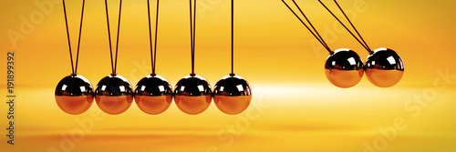 cause and effect concept, metal Newton's cradle with two balls in motion on a white background (orange 3d illustration banner) photo