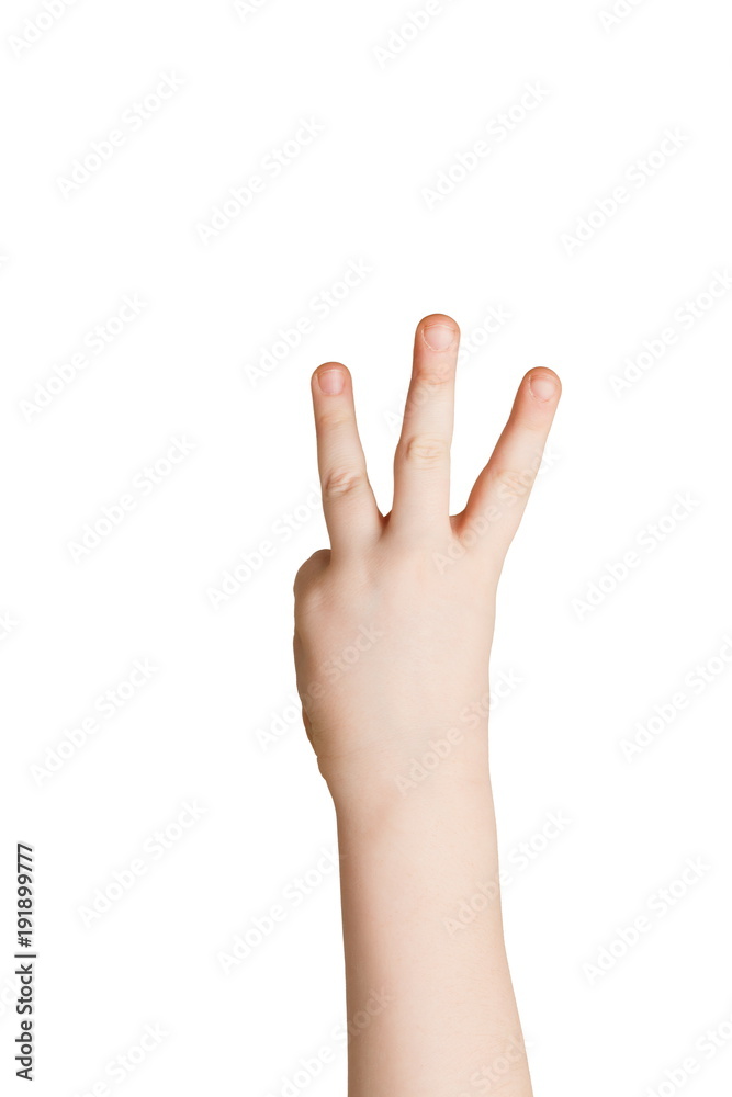 Kid hand shows number three on white background Kid hand shows number three on white background