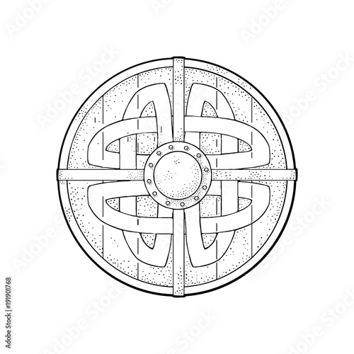 Wood round shield with viking runes. Vintage vector black engraving
