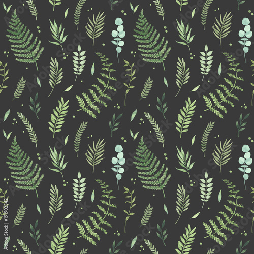 Vector watercolor seamless pattern. Spring is coming. Botanical background with green leaves, branches and herbs. Floral Design elements. Perfect for invitations, cards, textiles, packing, fabric