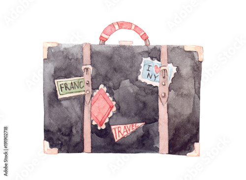 Watercolor illustration - Let's go travel. Fashion suitcase with stickers. Trip to World. Perfect for invitations, greeting cards, prints, flyers, posters etc