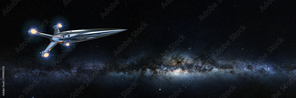 spaceship in front of the Milky Way galaxy
