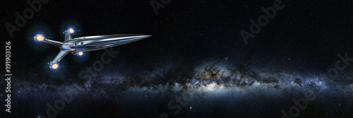 spaceship in front of the Milky Way galaxy