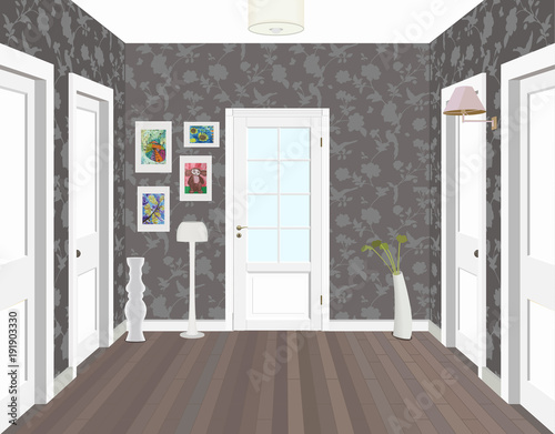 Long corridor with rows of closed doors. Concept of infinite opportunities for success and toughness of choice. 3d rendering. Hallway illustration