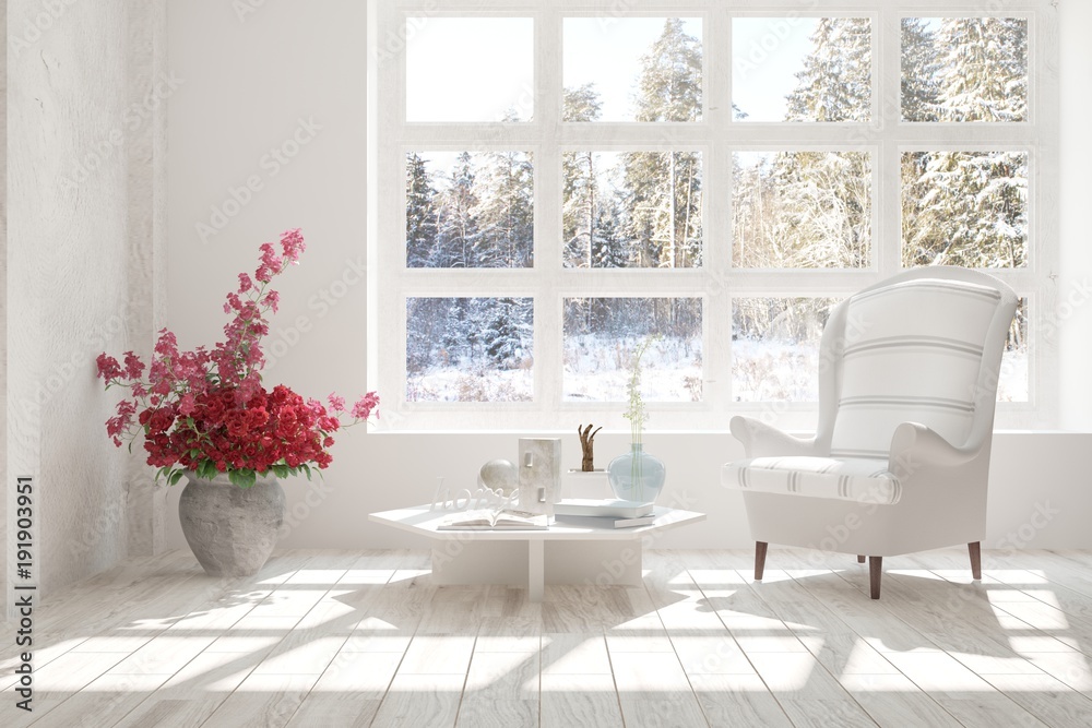 White room with armchair and winter landscape in window. Scandinavian interior design. 3D illustration White room with armchair and winter landscape in window. Scandinavian interior design. 3D illustration