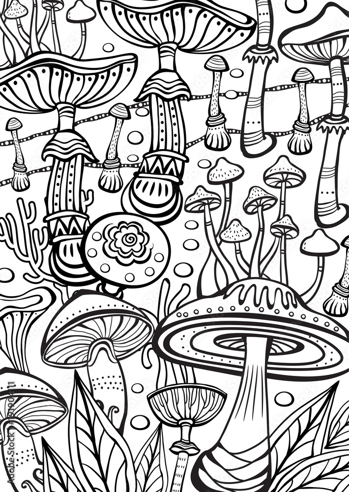 Mushrooms Coloring antistress book page