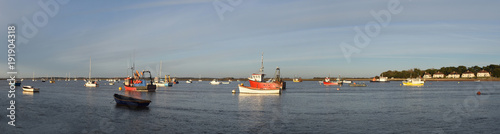 Panorama of the Estuary river Deben  at  Felixstowe Ferry  with boats and Bawdsey in the background