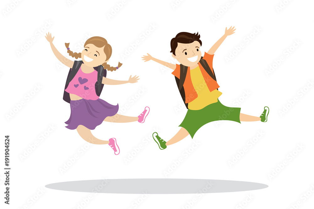 Happy caucasian kids with backpacks in a jump Happy caucasian kids with backpacks in a jump