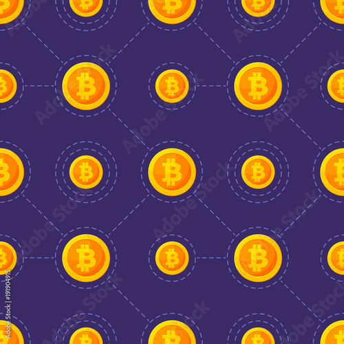 Gold icon of bitcoin in flat style isolated on blue background. Vector seamleess pattern. Design element can be used for financial illustration, poster, promotion, textile print, wallpaper, wrapping photo