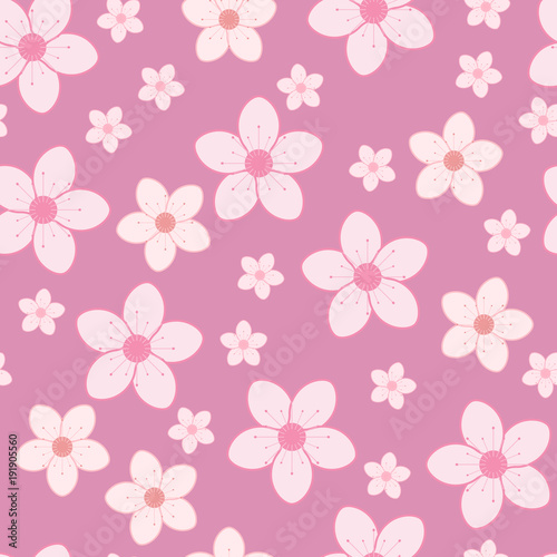 Seamless pattern of pink cherry blossom. Vector illustration of sakura background. Spring flowers in flat style.