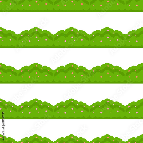 Seamless pattern of bush with pink and red flowers, isolated on white background, in flat style. Vector illustration of hedge.