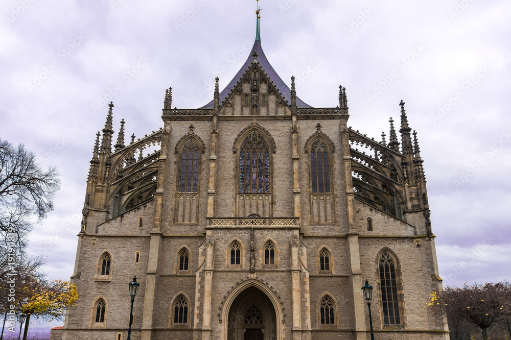 Gothic facade of St. Barbara cathedral in Kutna Hora, Bohemia, Czech Republic.