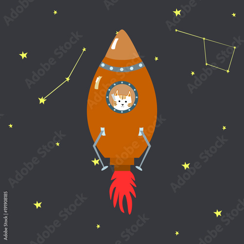 Orange space ship with cute ginger cat doodle style with constellation vector illustration