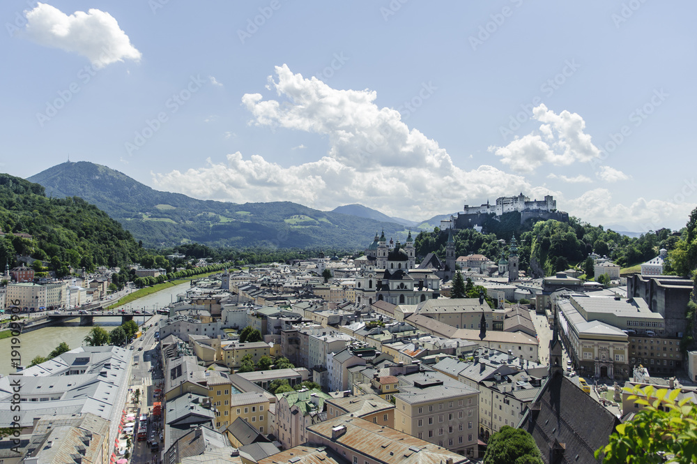 View of Salzburg. High above the famous medieval fortress dominates