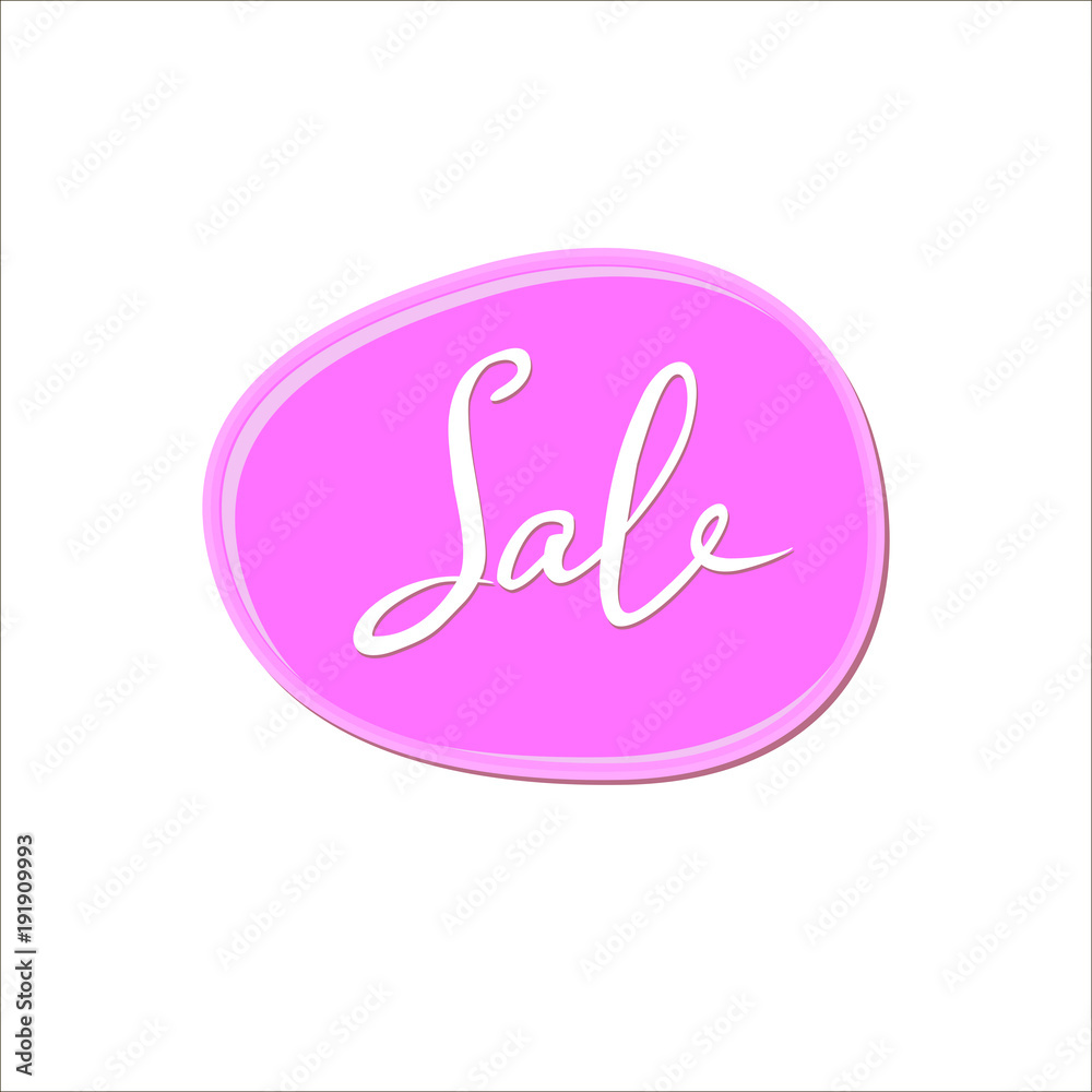Abstract white sale sign over pink bubble gum blot on white background. Color paint drop. Nail polish splash. Cartoon vector illustration. Abstract water shape for banner, sticker, badge Abstract white sale sign over pink bubble gum blot on white background. Color paint drop. Nail polish splash. Cartoon vector illustration. Abstract water shape for banner, sticker, badge