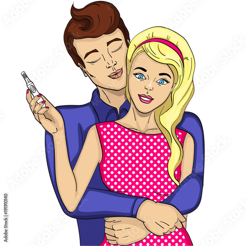 The girl is pregnant, the guy is happy. Future mother and father, parents. Object on a white background vector of pop art.
