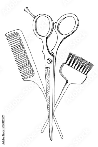 Hairdressing accessories: comb, scissors, brush for hair. The sketch marker. Vector.