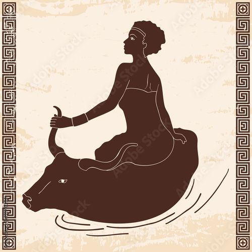 The queen Europe rides by the bull sails on the sea. Ancient Greek drawing on old beige paper with the aging effect