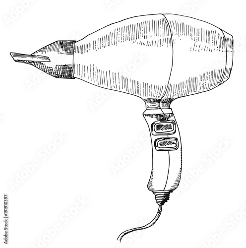 Hand hair dryer. Barber accessory. The sketch marker. Vector