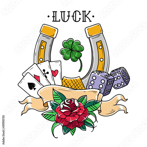 Tattoo horseshoe with playing cards, dice, rose and shamrock clover. Good Luck tattoo. Symbol of luck in gambling
