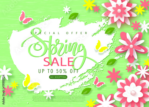 Spring sale banner. Beautiful Background with paper flowers and butterflies. Vector illustration for website , posters, email and newsletter designs, ads, coupons, promotional material.