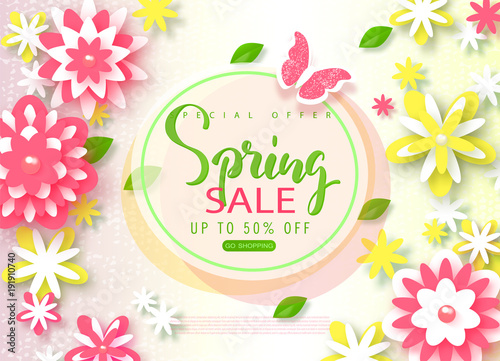 Spring sale banner. Beautiful Background with paper flowers and butterfly. Vector illustration for website , posters, email and newsletter designs, ads, coupons, promotional material.